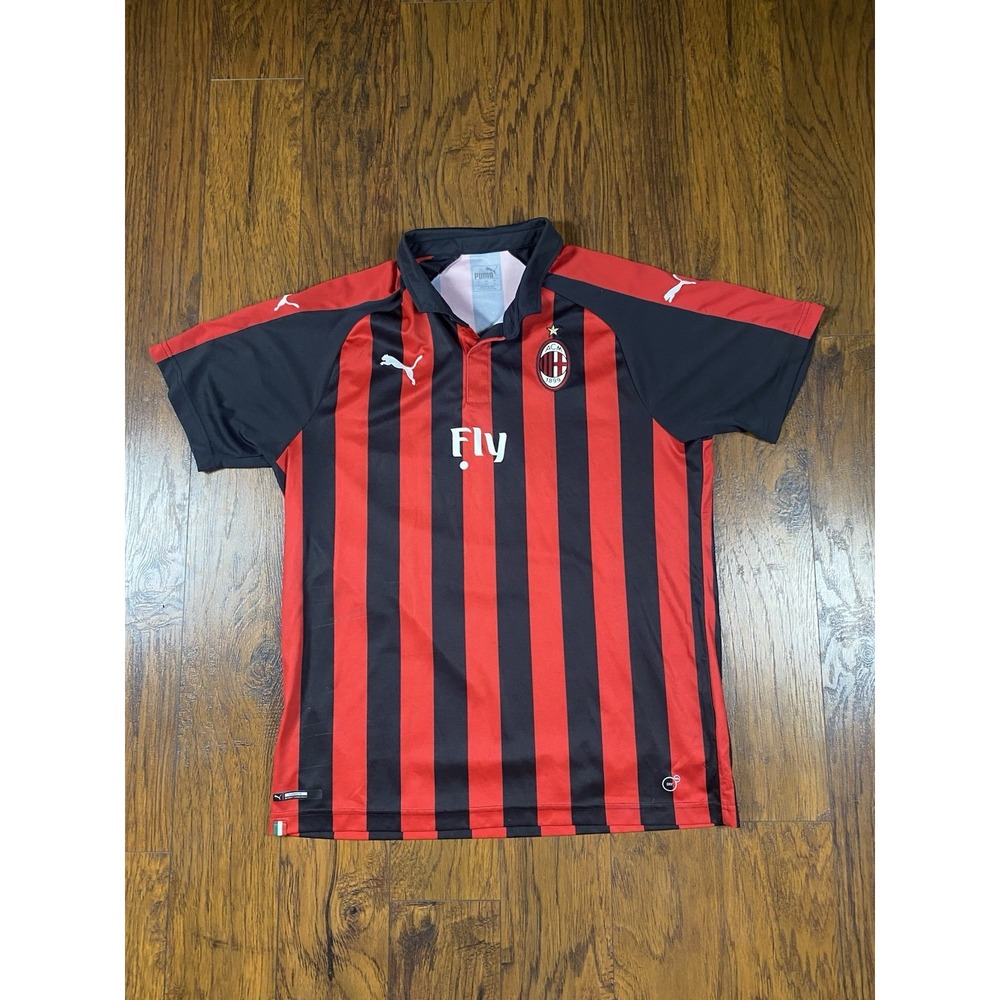 PUMA AC Milan Soccer Jersey Red/Black Striped Fly Emirates Size XL